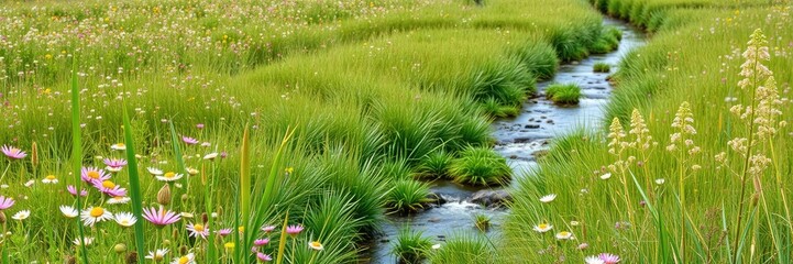 Field of Wildflowers with a Gentle Stream, scenery, peaceful atmosphere, garden scene