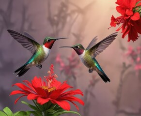 Naklejka premium Colorful hummingbird hovering above a bright red flower, nature, hovering