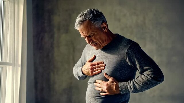 Middle-aged Caucasian man feeling abdominal pain.experiencing discomfort window home.Serene elder morning hours.Unwell male sunlit room.Setting offers intimacy coping.