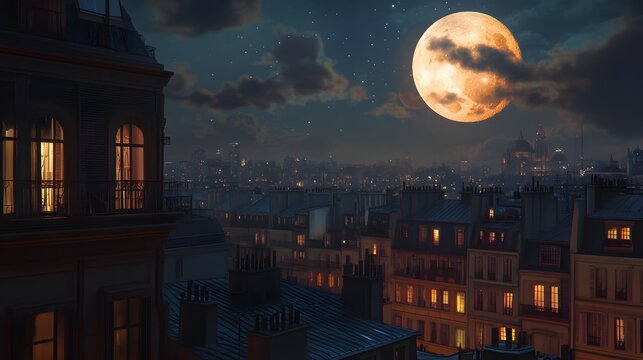 Parisian Night Cityscape Underneath a Large Orange Moon