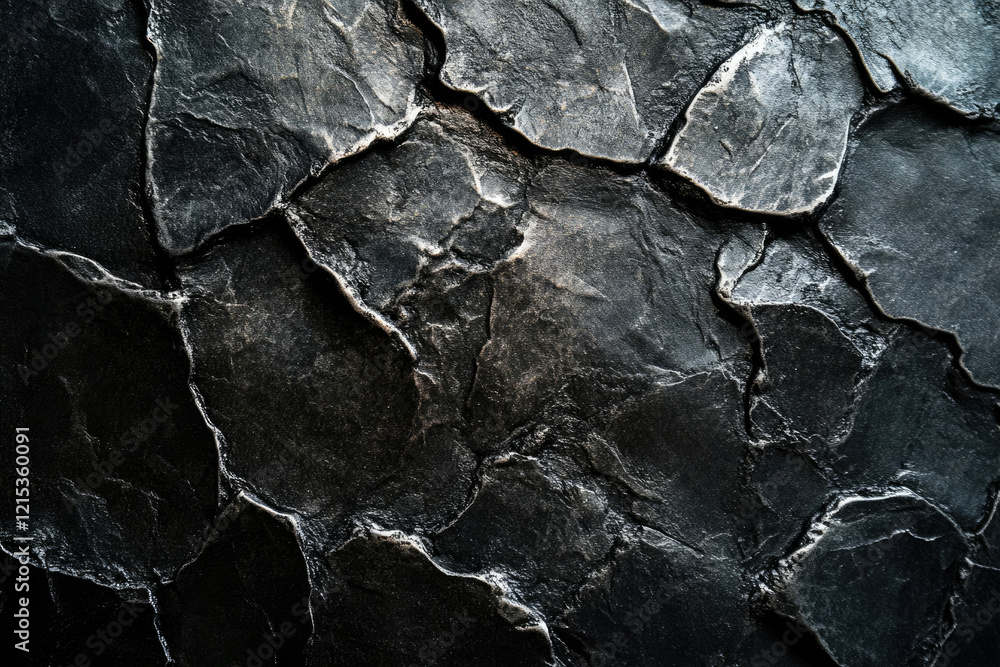 Poster dark, textured stone surface with irregular, fragmented shapes and deep shadows.