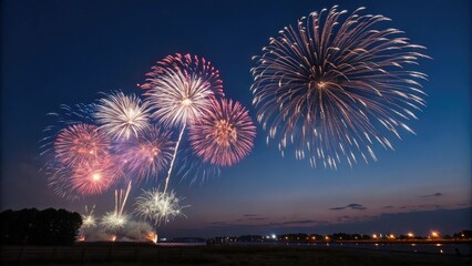 Fireworks explosions creating a series of spherical fragments with vibrant colors and lights, fireworks, festive atmosphere, vibrant, radiant