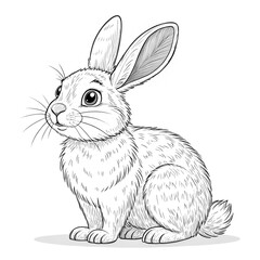 Obraz premium Black and white illustration of a seated bunny with detailed fur and large eyes. Simple hand-drawn coloring page design