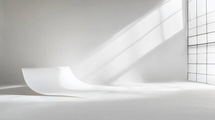 White studio backdrop, sunlight, window, minimalist scene, product photography