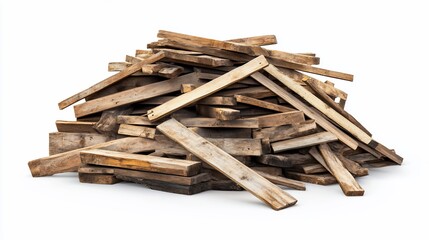 Scrap wood pile studio shot, isolated background, construction waste, DIY project