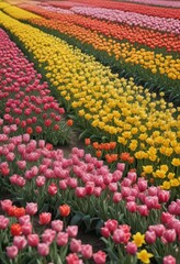 Colorful tulip field with pink tulips and yellow daffodils, pink tulips, spring flowers