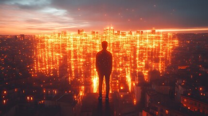 Fototapeta premium Man Silhouetted Against a Glowing Cityscape at Sunset