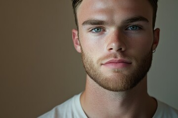 Obraz premium Close-Up Portrait of a Young Man with Striking Blue Eyes and a Well-Groomed Beard