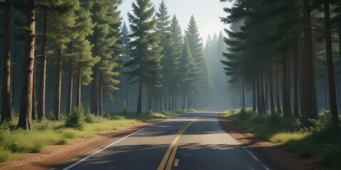 Obraz premium Forest road with tall pine trees on both sides, tree-lined road, pine forest