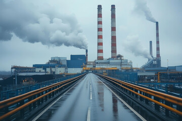 Fototapeta premium Coal power plant aerial view chimneys emitting smoke industrial energy landscape environmental impact pollution