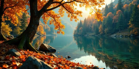 Forest tree branches with golden leaves falling on lake water, scenery, forest, landscape