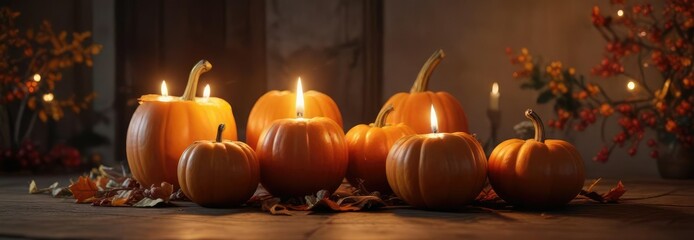 Cozy autumnal scene with three pumpkins and a candle , seasonal, holiday