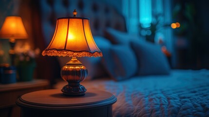 Nightstand lamp glows, bedroom background, cozy ambiance, interior design