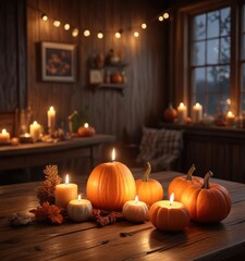 Obraz premium Cozy fall evening scene featuring soft glowing candles and pumpkins on a wooden table, featuring a rustic and autumnal atmosphere, fall, rustic decor