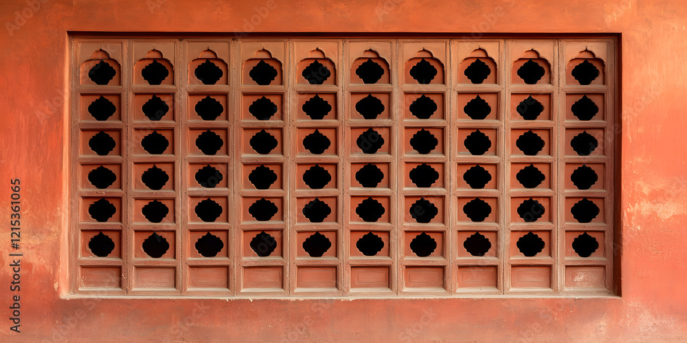 Aufkleber intricate lattice window in a terracotta wall. geometric design with repeating patterns. architectur