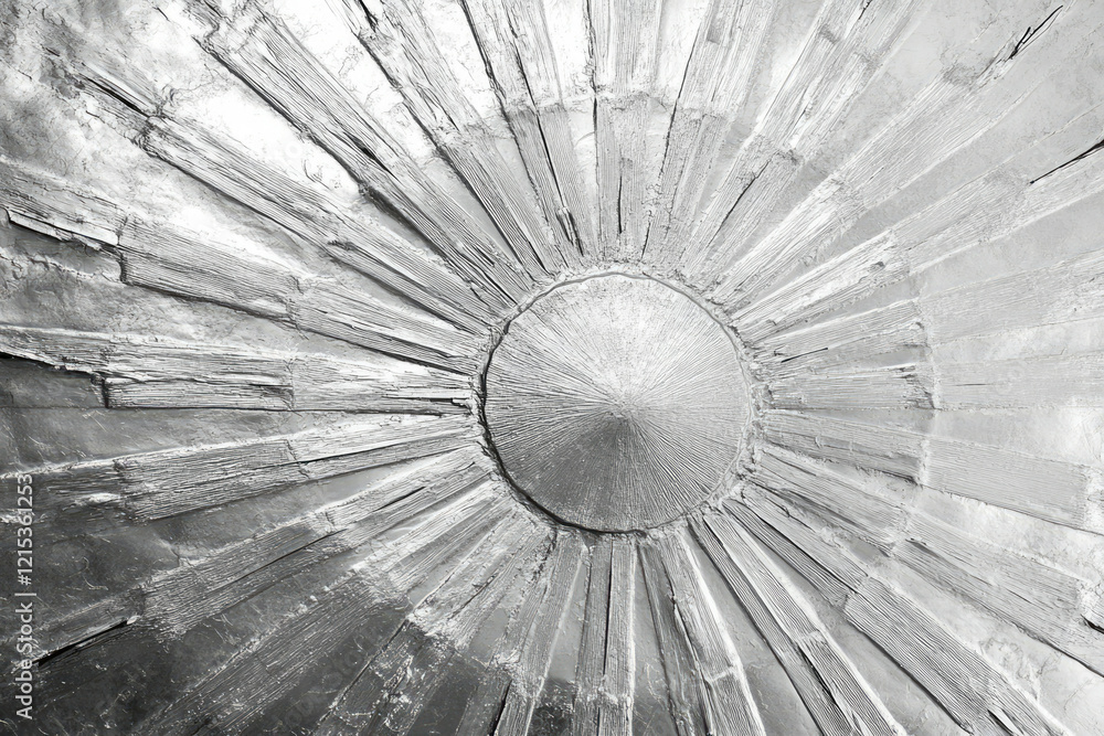 Fototapete silver sunburst design with radiating lines and textured surface, creating a striking visual effect.