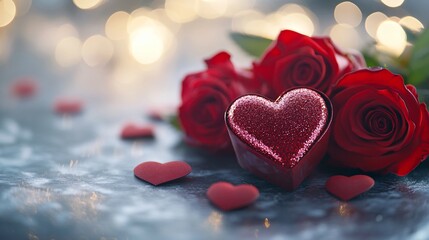 Obraz premium Valentine gift with heart and red roses