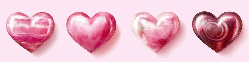 A high-resolution set of 5 pink hearts, each showcasing a different artistic design or texture (e.g., watercolor, metallic, woven, stitched, and smooth), isolated on a transparent background 
