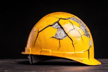 Cracked yellow hard hat industrial site image of wear dark background close-up view safety awareness concept