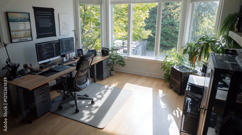 Poster efficient remote work setup home office interior design comfortable environment wide angle view prod