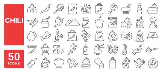 Set of 50 line icons related to chili, hot, pepper, spicy, fire, burning, ripe, red, cook, taste, food, paprika, Editable stroke. Vector illustration