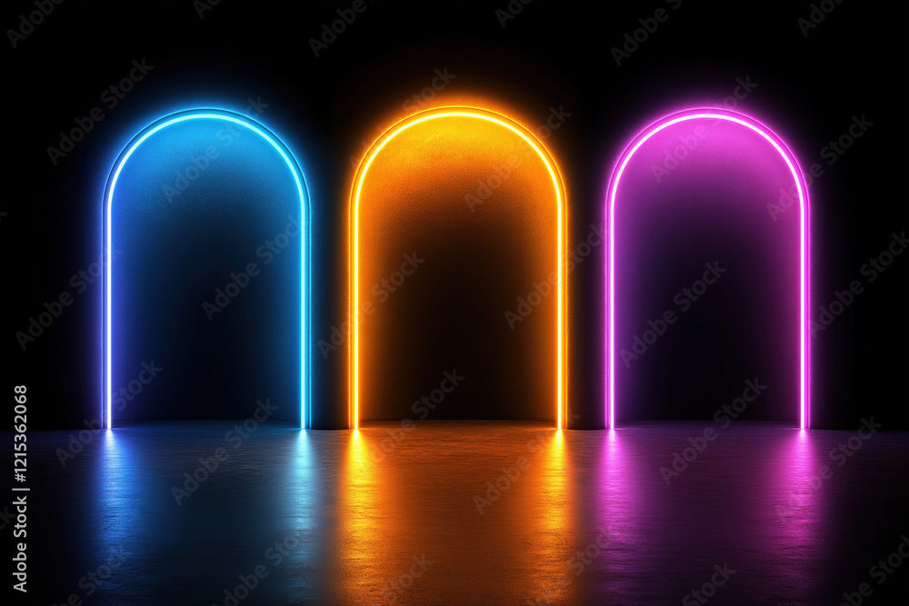 Poster colorful neon arches create a vibrant visual display in a dark setting