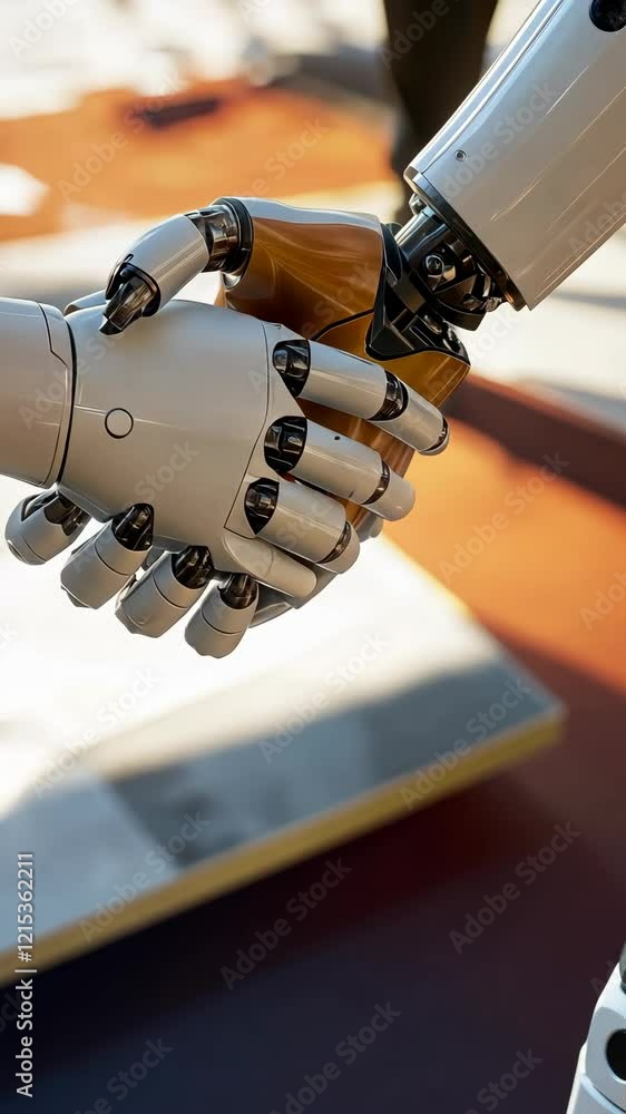 Poster two robotic hands engaging in a handshake symbolizes collaboration between technology and humanity i