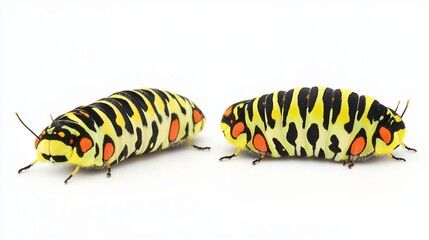 Naklejka premium Two colorful caterpillars crawling on white background, studio shot, insect study