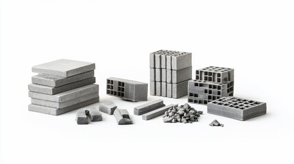 Concrete blocks, bricks, and rubble on white; construction; studio shot; architectural model