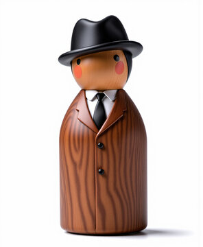 A peg doll man in a black porkpie hat