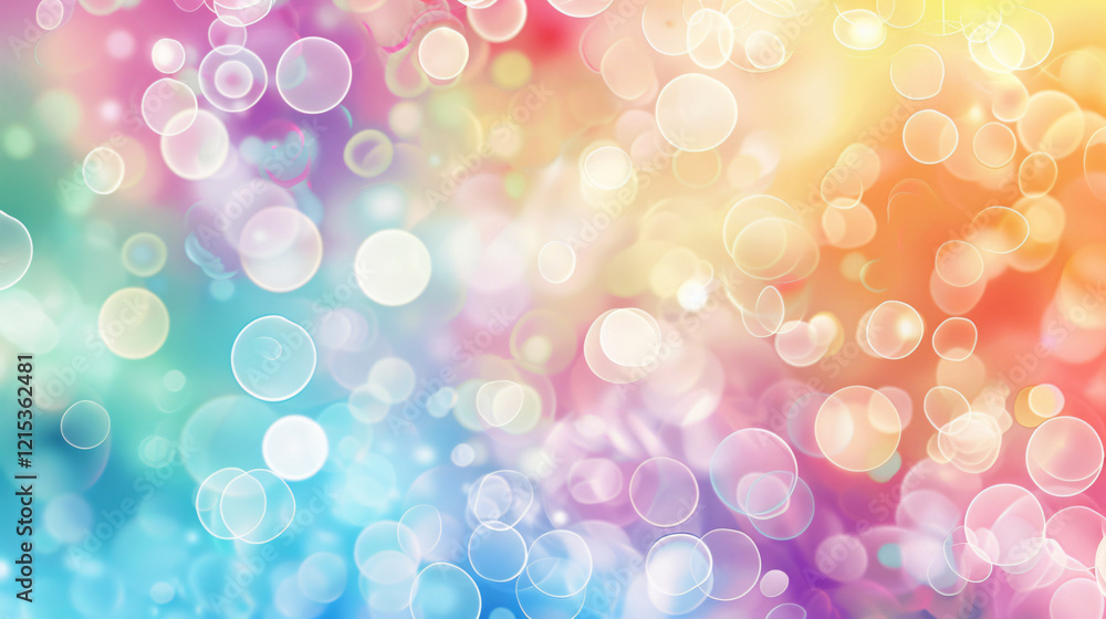 Poster Colorful backdrop with bokeh effect and abstract soap bubbles floating in multiple colors
