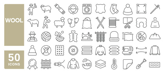 Set of 50 line icons related to wool, sheep, textile, fiber, clothes, fabric, knit, ball, needle, craft, sew, Editable stroke. Vector illustration