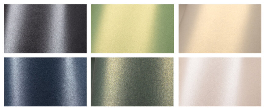 Pearlescent paper background set with metallic gradients in black, green, beige, golden, blue, and white. Smooth, glossy surfaces with a shimmering sheen create a sleek, elegant, and luxurious design,
