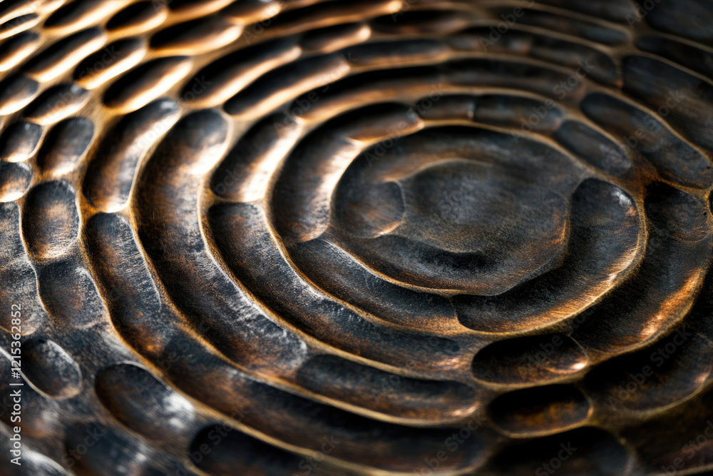 Poster close-up of a dark, metallic surface with concentric, oval-shaped patterns, showing a textured, hand