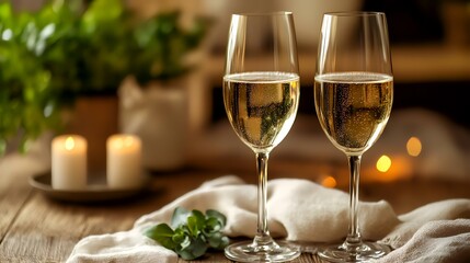 Romantic champagne toast, candlelight dinner, cozy home setting. Perfect for celebrating special occasions