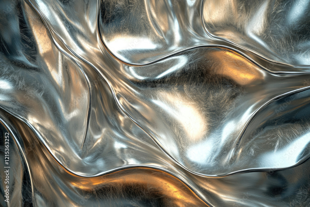 Poster Abstract image of flowing, metallic liquid, reflecting light and creating dynamic waves.
