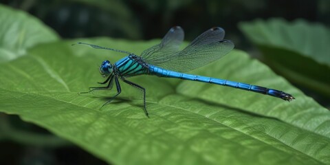 Delicate blue dragonfly perched on a large green leaf, entomology, blue, dragonfly
