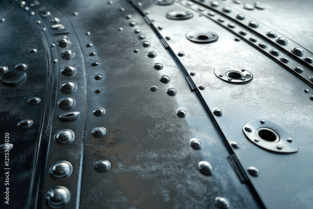 Aufkleber close-up of riveted metallic surface showing texture and details of industrial design.