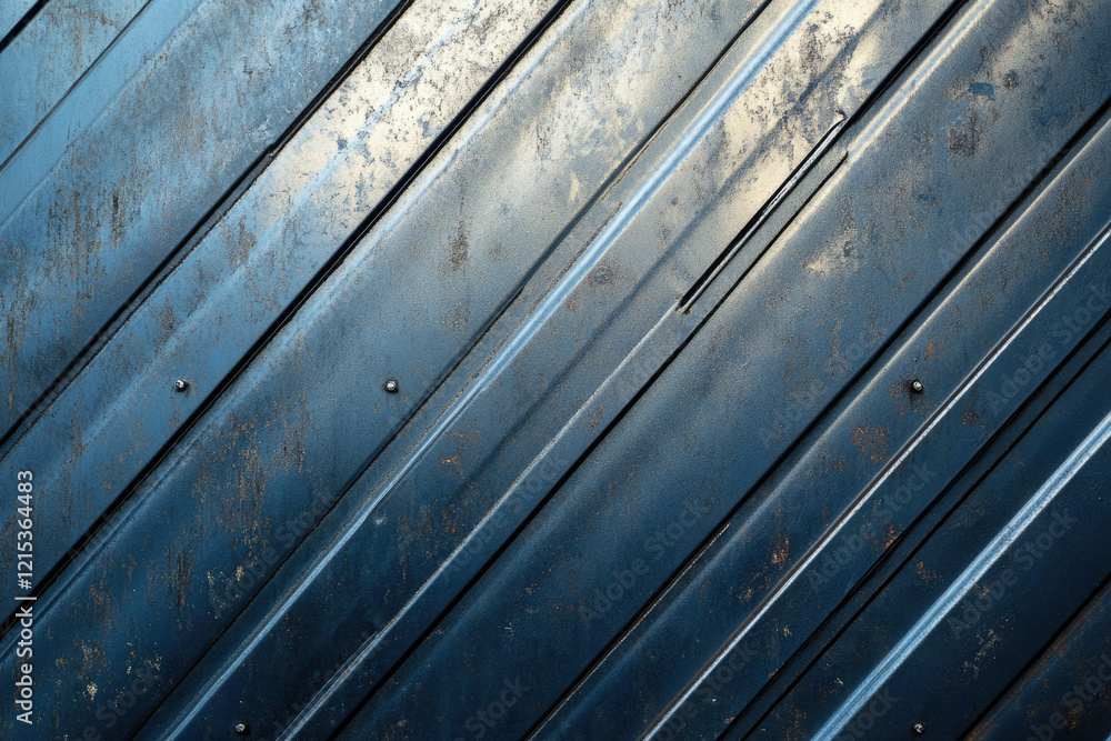 Poster diagonal metal sheet with aged, textured surface and visible rivets.