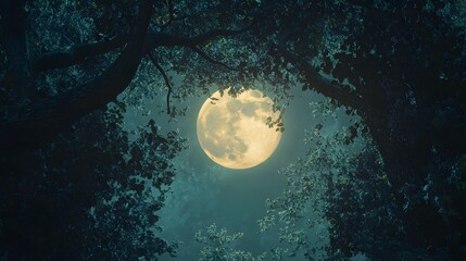 Fototapeta premium Full Moon Night Scene Through Dark Tree Branches