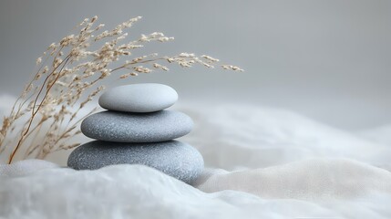 Serene stones stacked on fabric with dried flowers, peaceful background; ideal for wellness or meditation websites