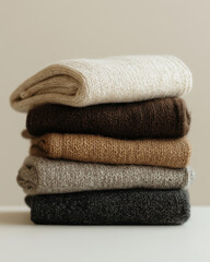 Stack of cozy folded knit sweaters in neutral tones on display