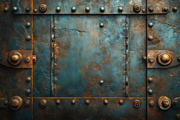 Fototapeta premium Rustic metal texture with rivets and bolts, showing age and wear.