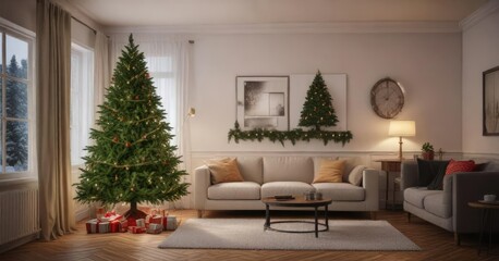 Evergreen spruce Christmas tree in a living room, spruce tree, christmas tree, winter wonderland