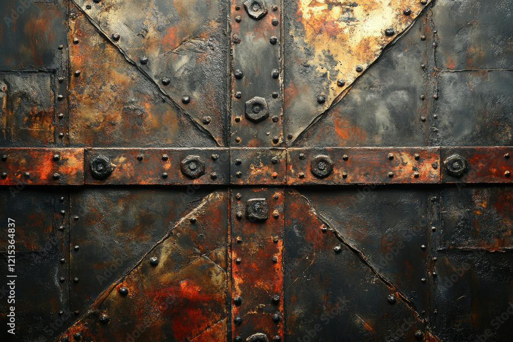Aufkleber rustic metal texture with rivets and aged paint, showing signs of wear and rust.