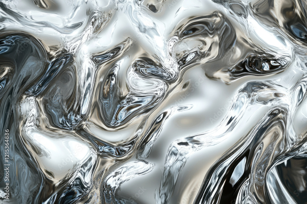 Poster abstract silver liquid swirls, dynamic metallic texture with flowing, reflective waves and glossy sh