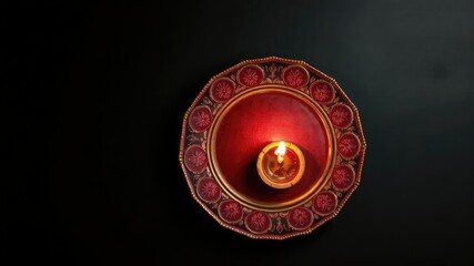 Obraz premium Diwali decorative plate with burning diya on dark background, spirituality, ornament