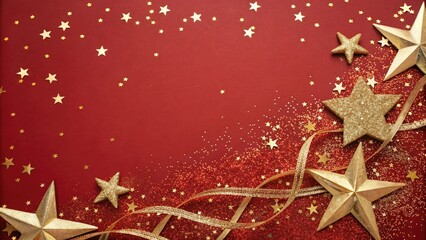 Festive red and gold background with twinkling stars and glitter, joyful feel,