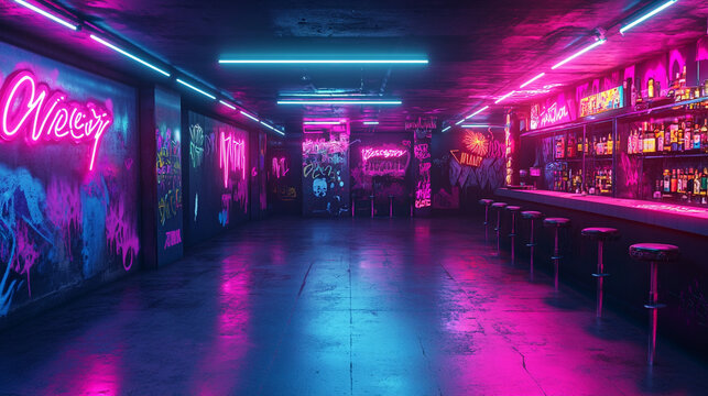 Neon Retro Bar  Cyberpunk Nightclub Interior  80s Synthwave Vibe  Graffiti Walls  Pink Blu