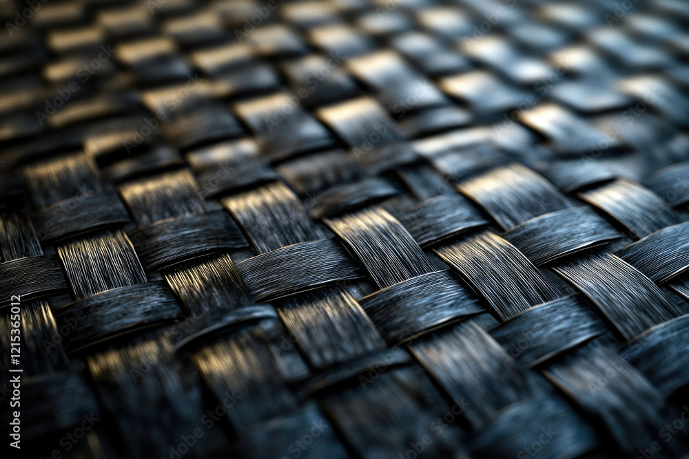 Poster close-up of a dark, interwoven textile with a complex, textured weave pattern.